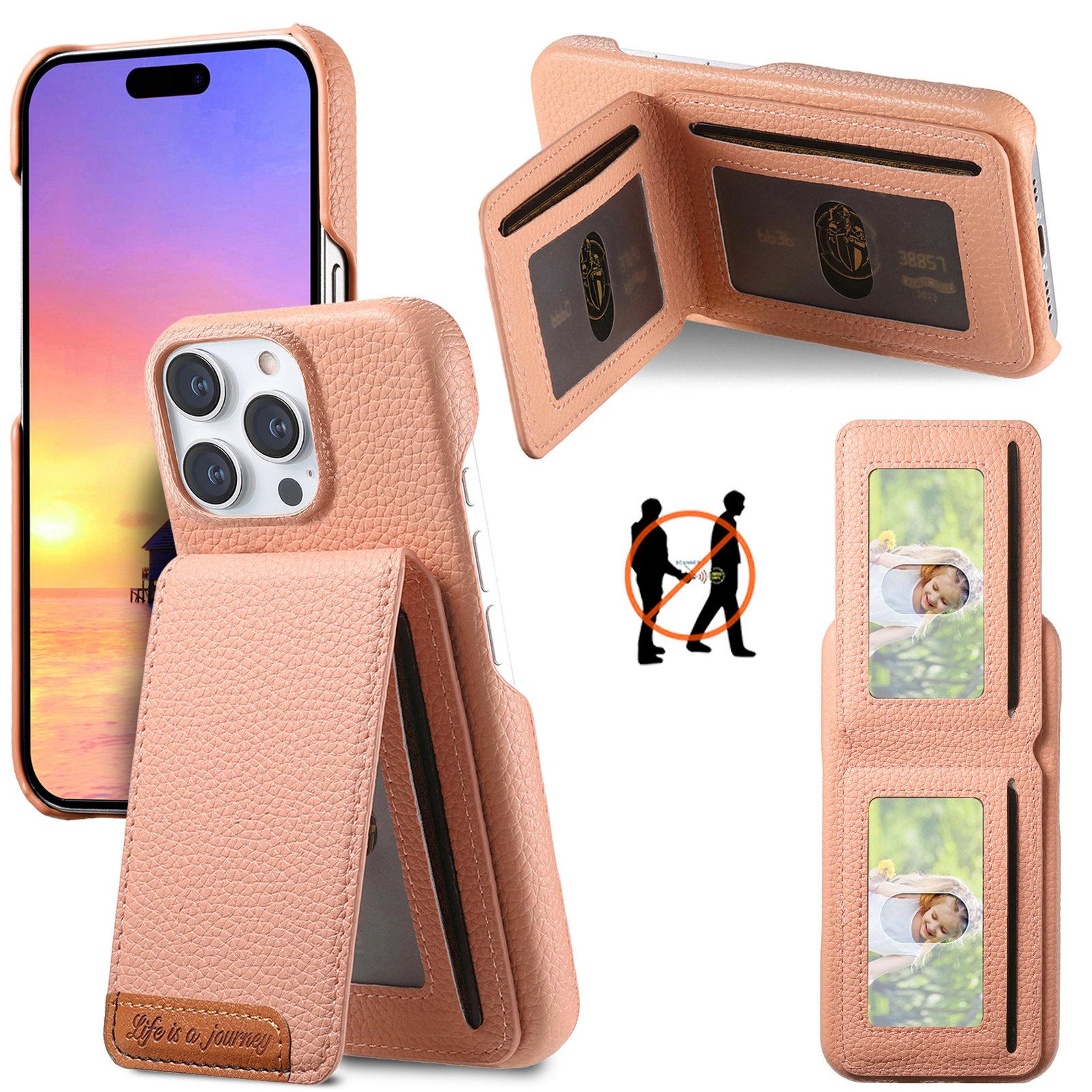 

For iPhone 15 Pro Max Case RFID Blocking Card Holder Litchi Texture Leather Back Cover Pink