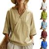 Dames Katoen Linnen Knopen Blouse V-hals 3/4 Mouw Losse Pasvorm Shirt Casual Lichtgewicht Comfortabel Topje voor Dagelijks Gebruik
