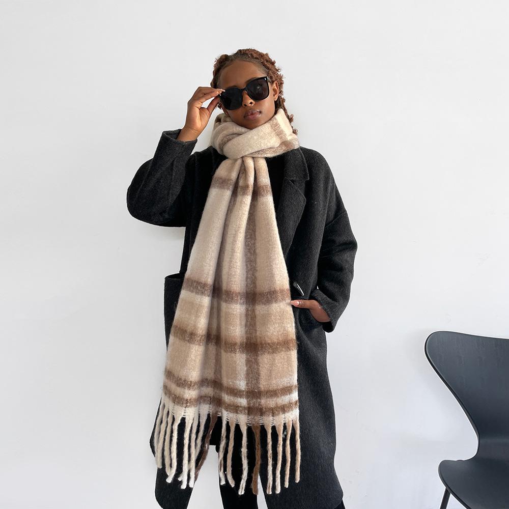 Classic Striped Plaid Seahorse Hair Scarf Women's Winter Warm Advanced Sense Rubbing Beard Long Fringed Scarf