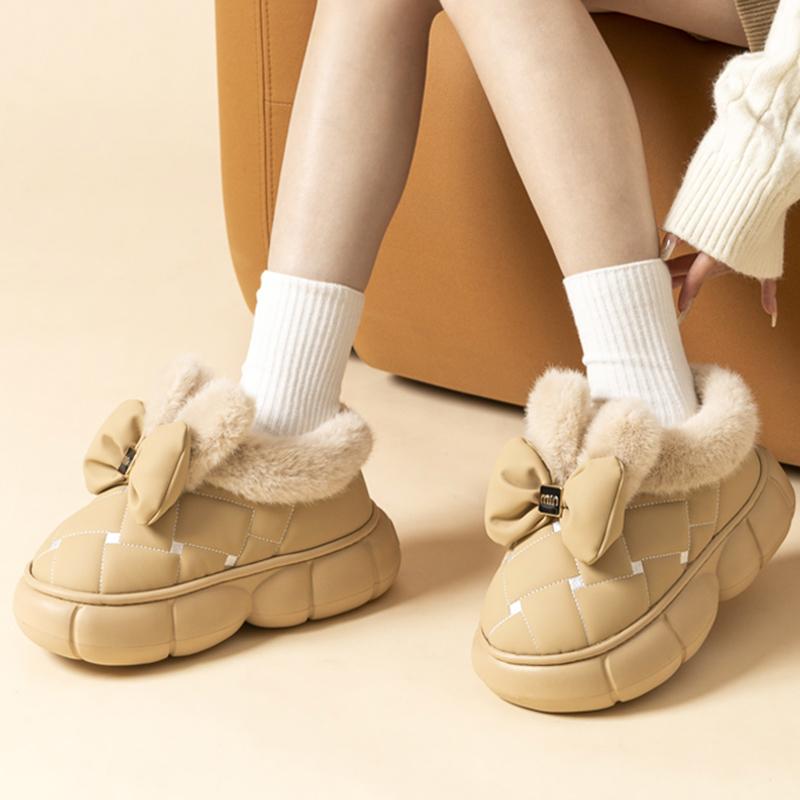 Chunky Platform Cotton Slippers Women 2025 Winter Bowknot Decor Warm Fur Snow Boots Woman Lightweight Soft Thick Sole Home Shoes
