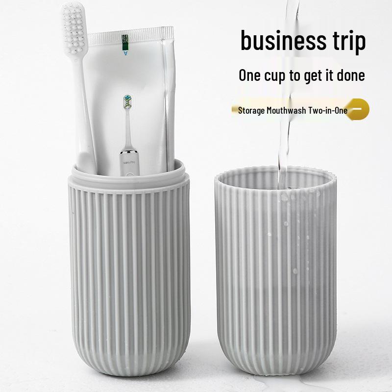 Portable Striped Toothbrush & Mouthwash Cup Set - Travel Toiletries Storage Box.