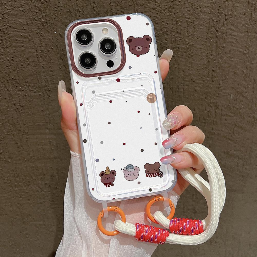 Cute Cartoon Bear Hang Chain Lanyard Phone Case For iPhone 13 11 12 14 15 16 Pro Max 7 8 Plus XR XS X SE  Card Holder Cover
