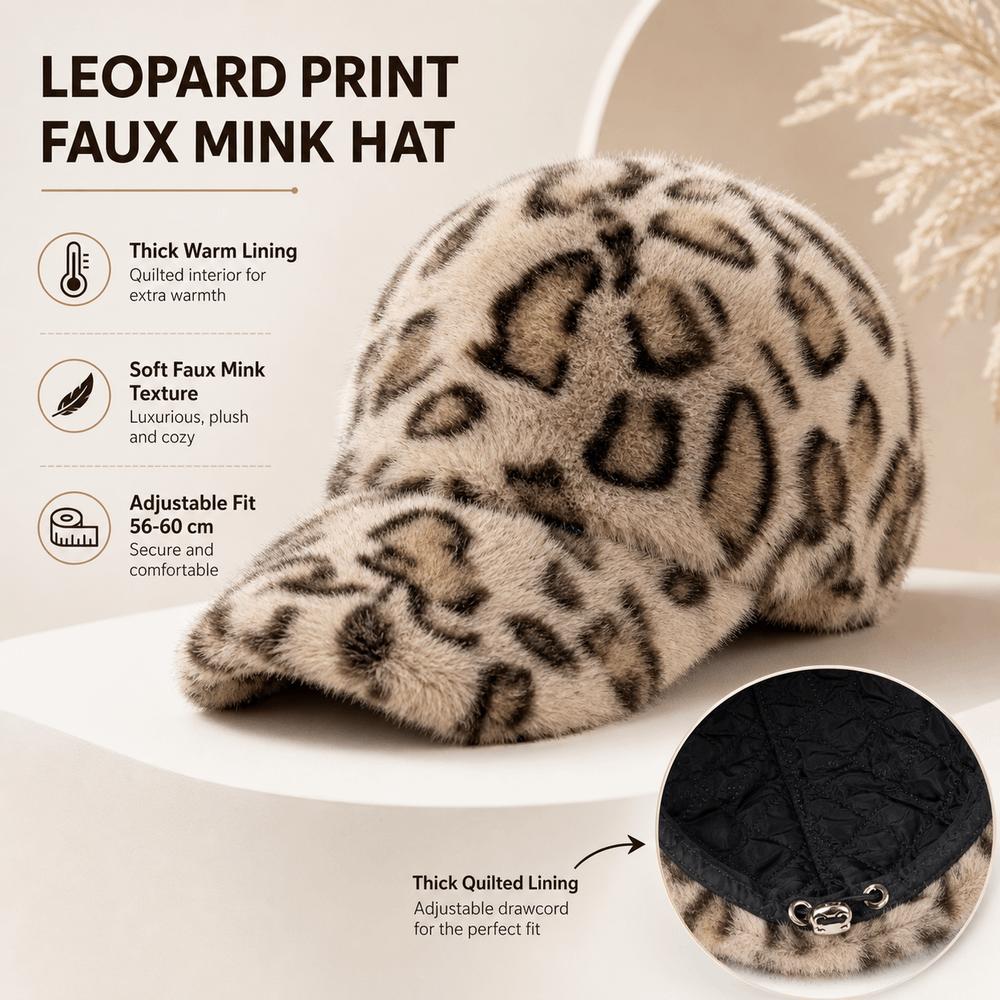 Thick Lining Faux Mink Cap Leopard Print Plush Hat New Baseball Cap Autumn Wear