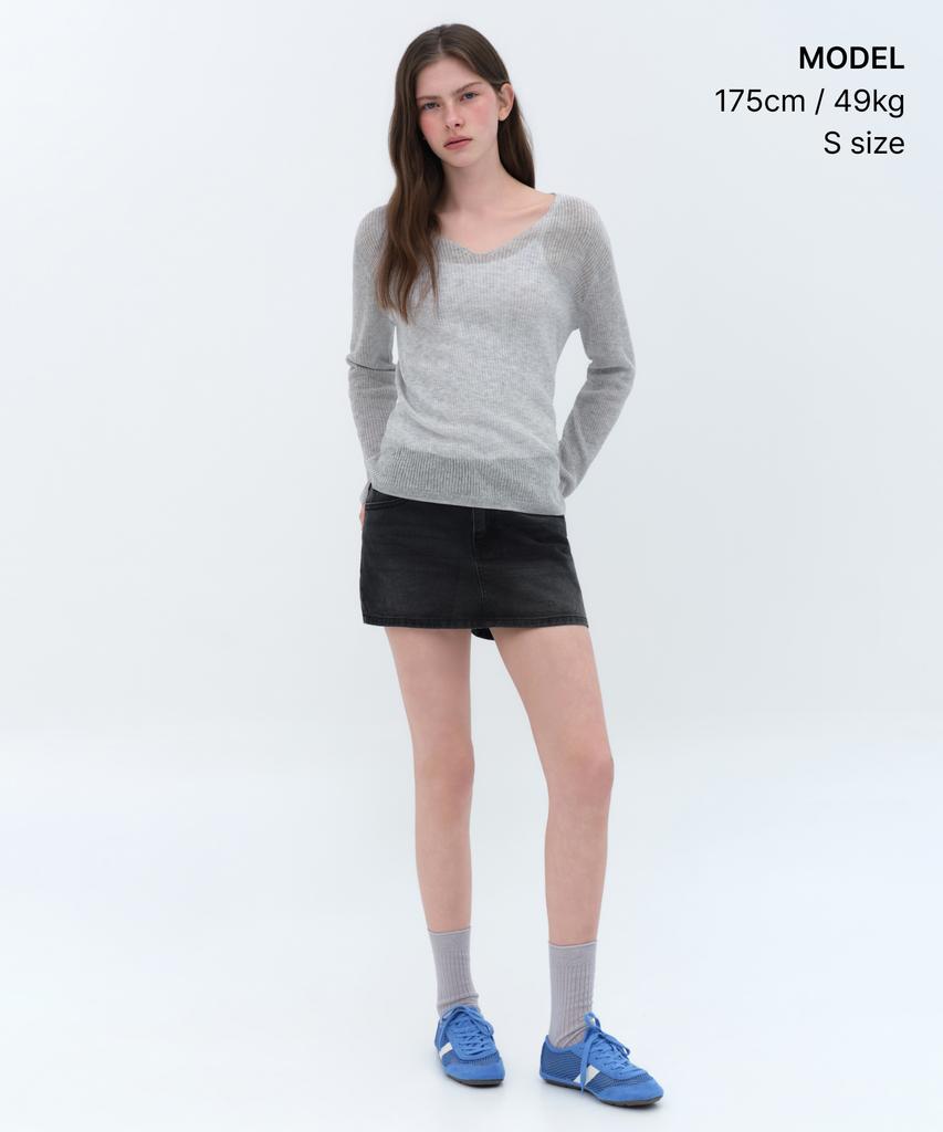 MUSINSA STANDARD WOMAN Women'S Linen Blend Ribbed V-Neck Sheer Knit [Melange Light Grey]