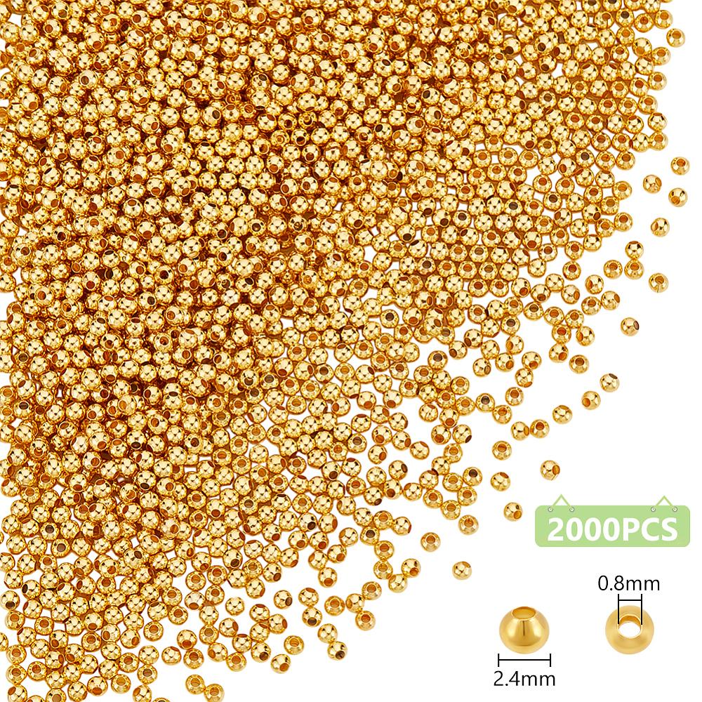 2000Pcs Brass Spacer Beads, Seamless, Round, Real 24K Gold Plated, 2.4mm