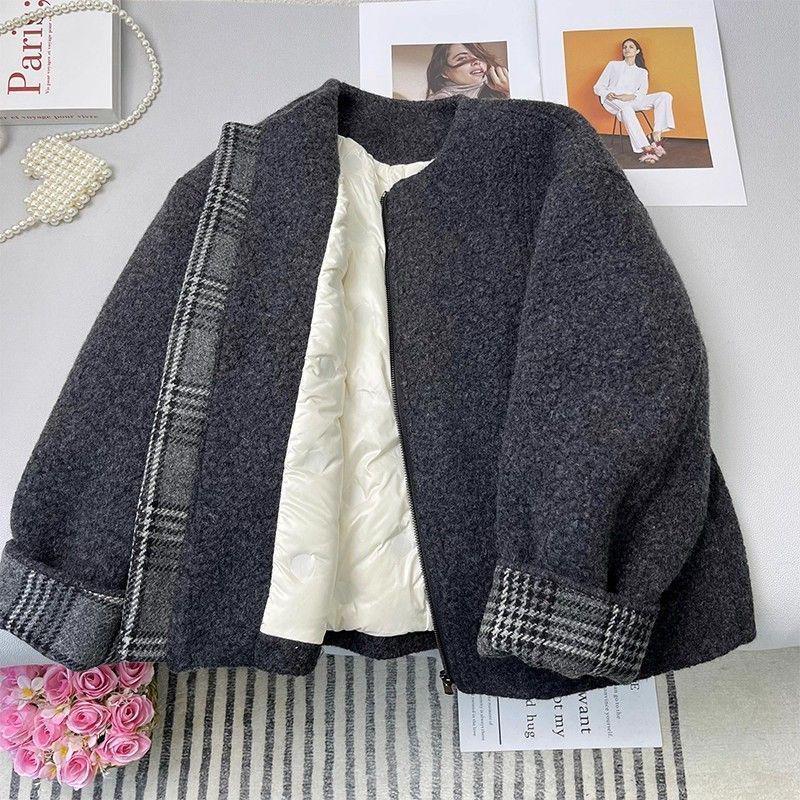 Hochwertige graue gesteppte Baumwolljacke für Damen - Herbst/Winter 2025, Locker, Figurschmeichelnd, Dicke Wolljacke
