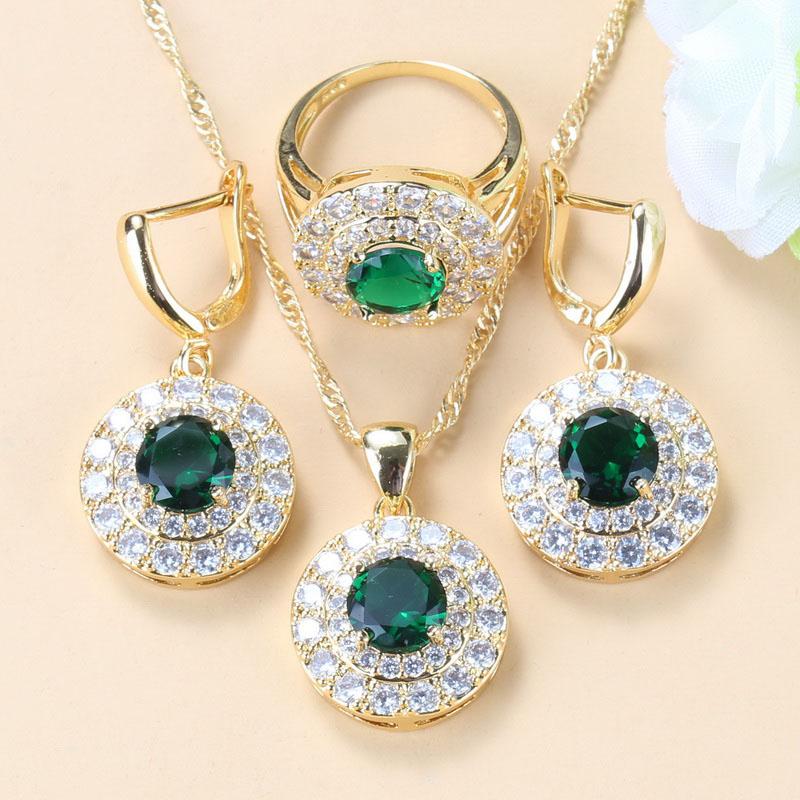 Simple Round Bridal Four-Piece Suit White Zircon Crystal Gold Color Women Jewelry Sets Dangle Earrings/Bracelet/Ring 6-Colors