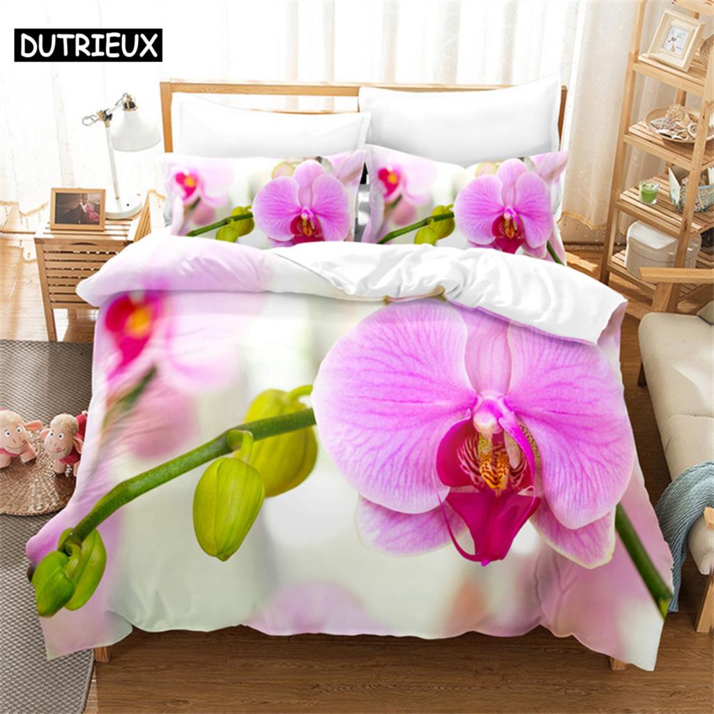 Pink Phalaenopsis Queen Bedding Set Girls Duvet Cover Bedroom Bed Set Comforter Cover Set King Size Duvet Cover Set Bedding Sets