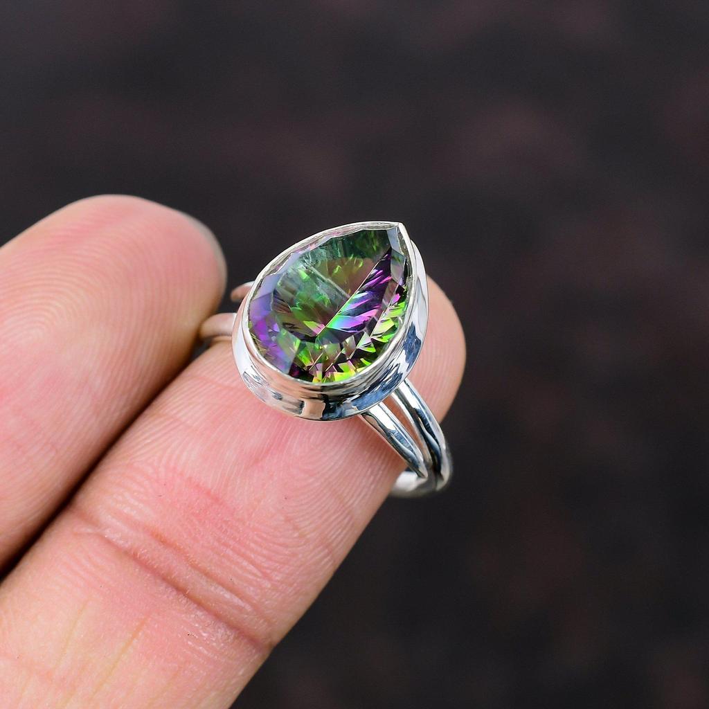 Regenbogen Mystischer Topas Ring 925 Sterling Silber Ring Top Qualität Edelstein Schmuck Verstellbarer Ring Handgefertigter Boho Ring Geschenk für Sie Dezenter Ring