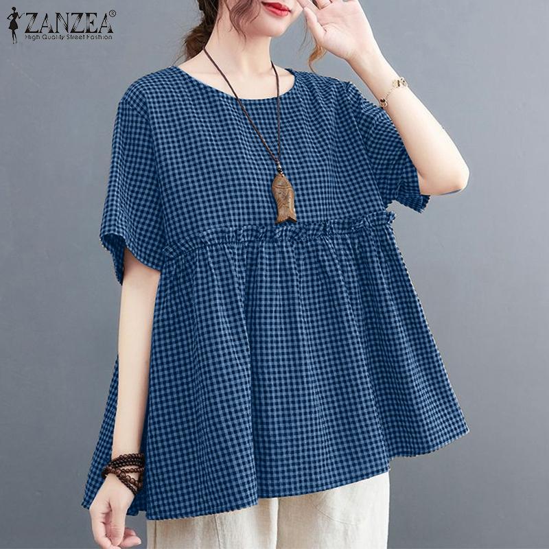 ZANZEA Women Casual Round Neck Summer Short Sleeve Plaid Print Blouse