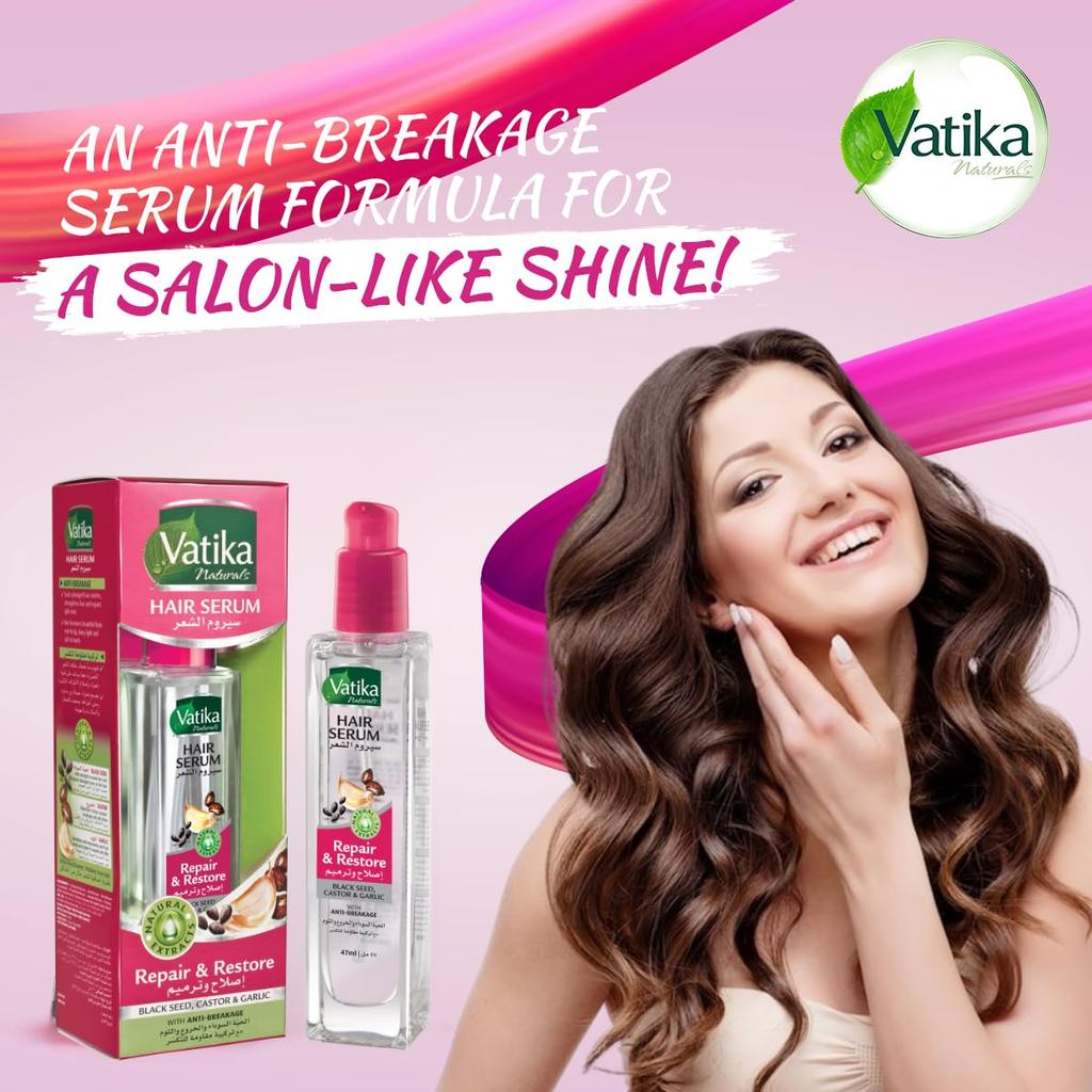 Vatika Naturals Repair and Restore Hair Serum (47mL) | Natural Extract of Black Seed, Castor and Garlic | Promotes Anti-Breakage | For All Hair Types