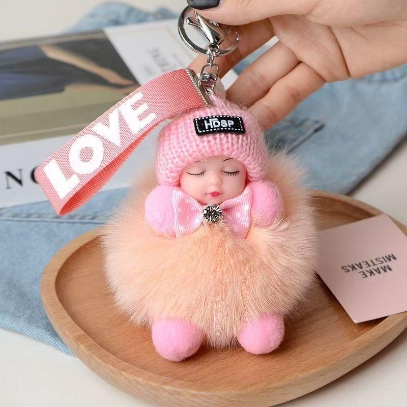 Genuine Fox Fur Sleep Doll Keychain Plush Pom-Pom Accessory