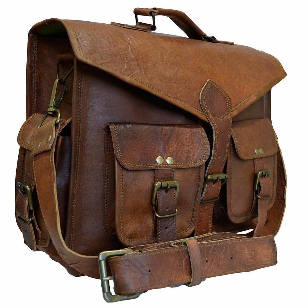 15" Vintage Goat Leather Messenger Bag Shoulder Laptop Briefcase Hand Bag