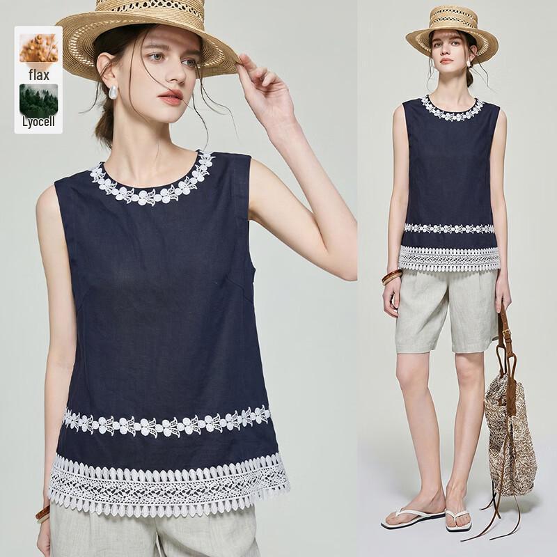 Women s Sleeveless French Round Neck Embroidered Tencel Linen Blouse M