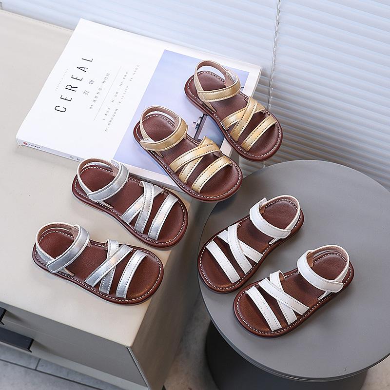 Girls Beach Shoes Retro Open Toes Kids Sandals Non-slip Soft Sole 2025 Summer New Girls Princess Shoes Versatile Princess Style