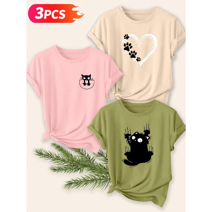 Three-piece Set Elegant Short-sleeved Shirt for Women Cat Pet-themed Printed Round-neck Women's Shirt T Shirt Suitable for Spring Wear Summer