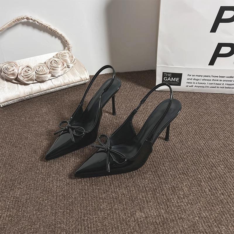 High heels women's summer 2025 new sexy pointed head burgundy bow bag head thin heel French sandals women
