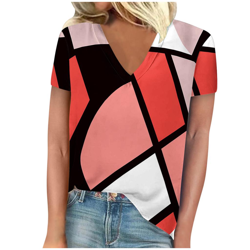 Summer Women's Casual Versatile Color Blocked 3D Printed Slimming Short Sleeved V-neck Short Sleeved T-shirt
