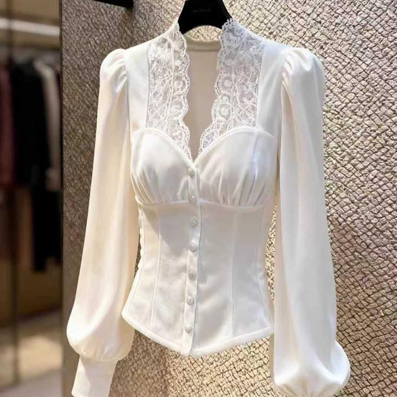 Elegant French Lace Patchwork Velvet Top for Women - Winter New Arrival