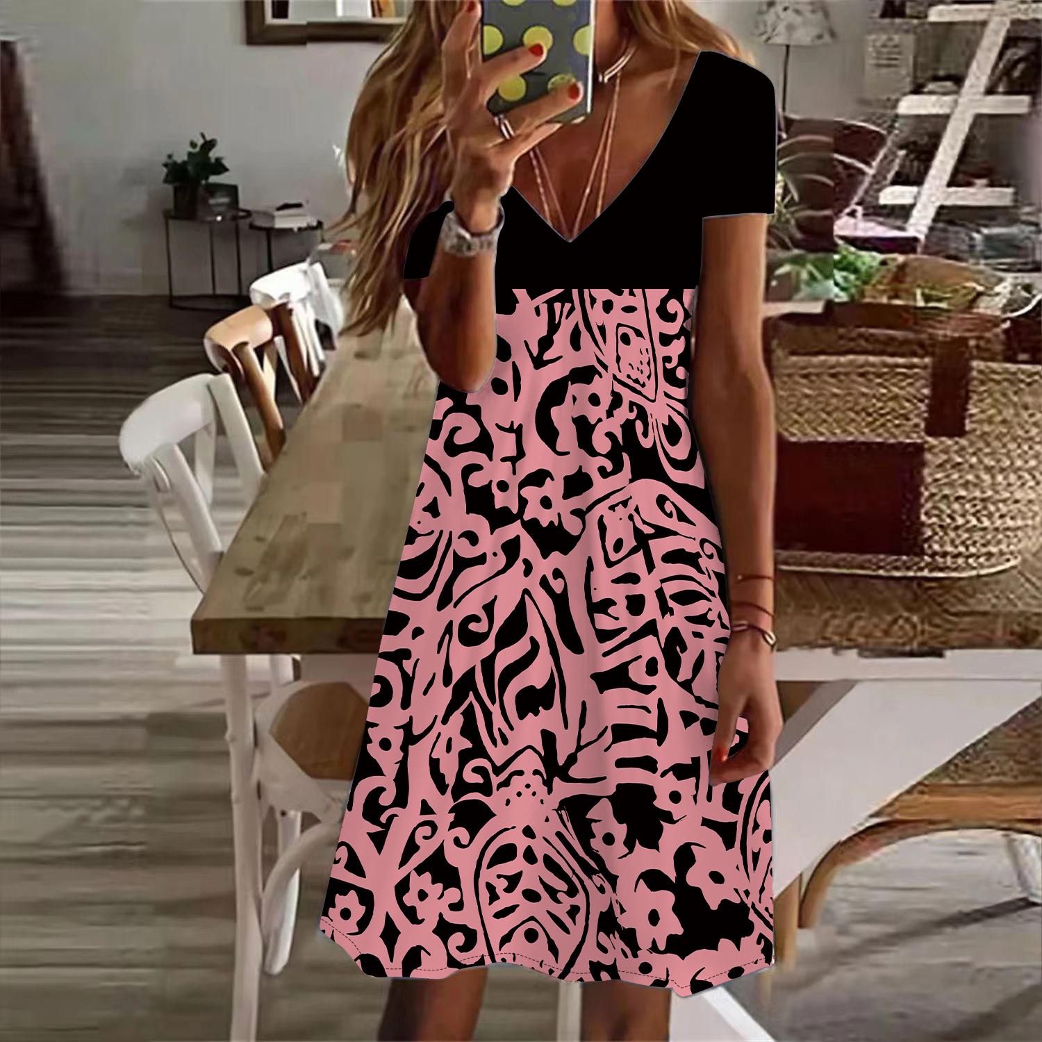 

Летняя мода женское платье с V-образным вырезом и коротким рукавом, синее изогнутое платье с цветочным принтом, сексуальное платье 8XL розовый