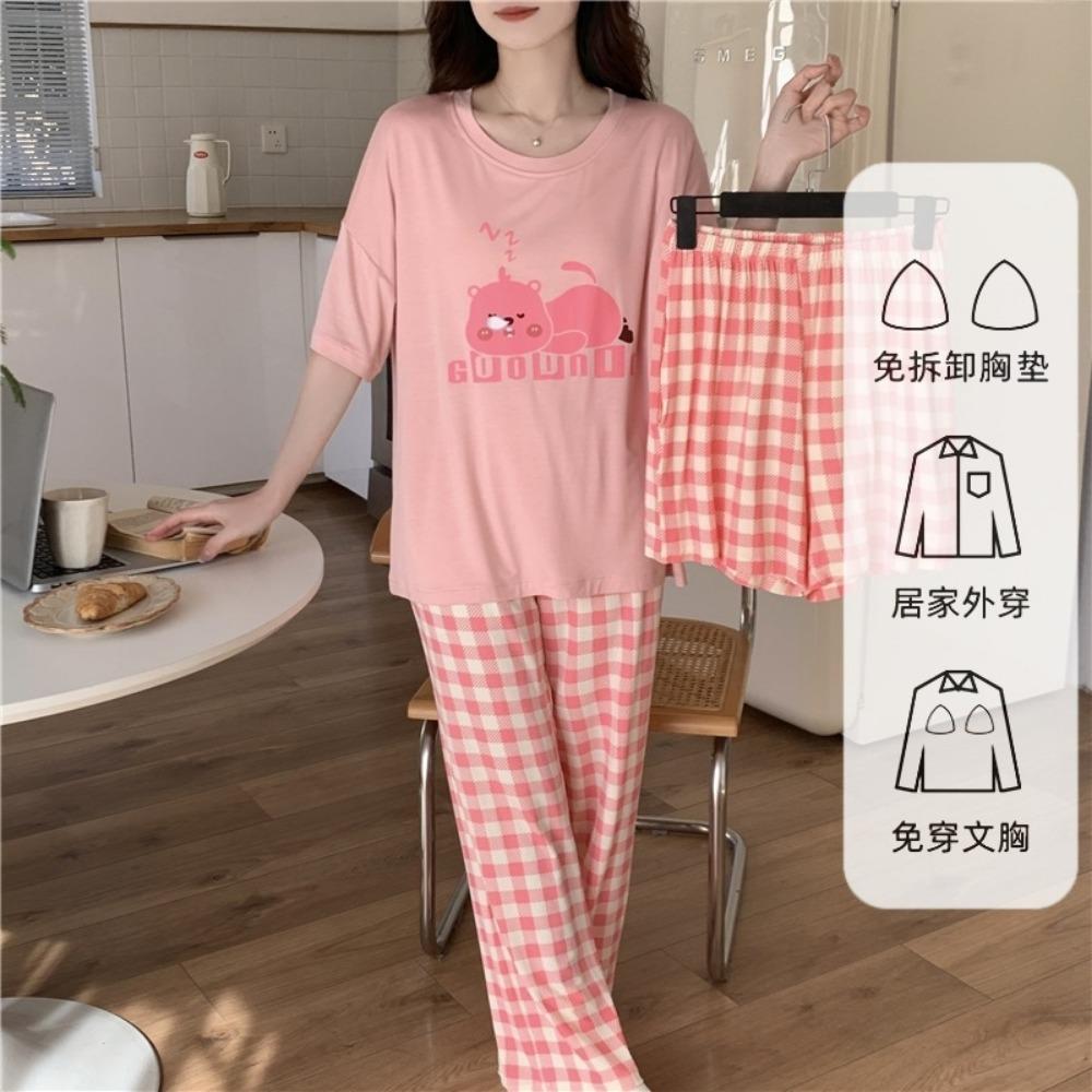 Summer Sleepwear for Women 2024 New Style with Sweet Cartoon Short Sleeved Student Home Suit Three Piece Set
