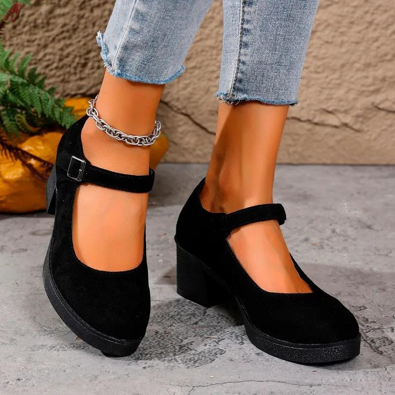 2025 Plus Size Mary Janes Women's High Heels Round Toe Buckle Strap Chunky Heels Shallow Pumps for Retro Office & Career Shoes