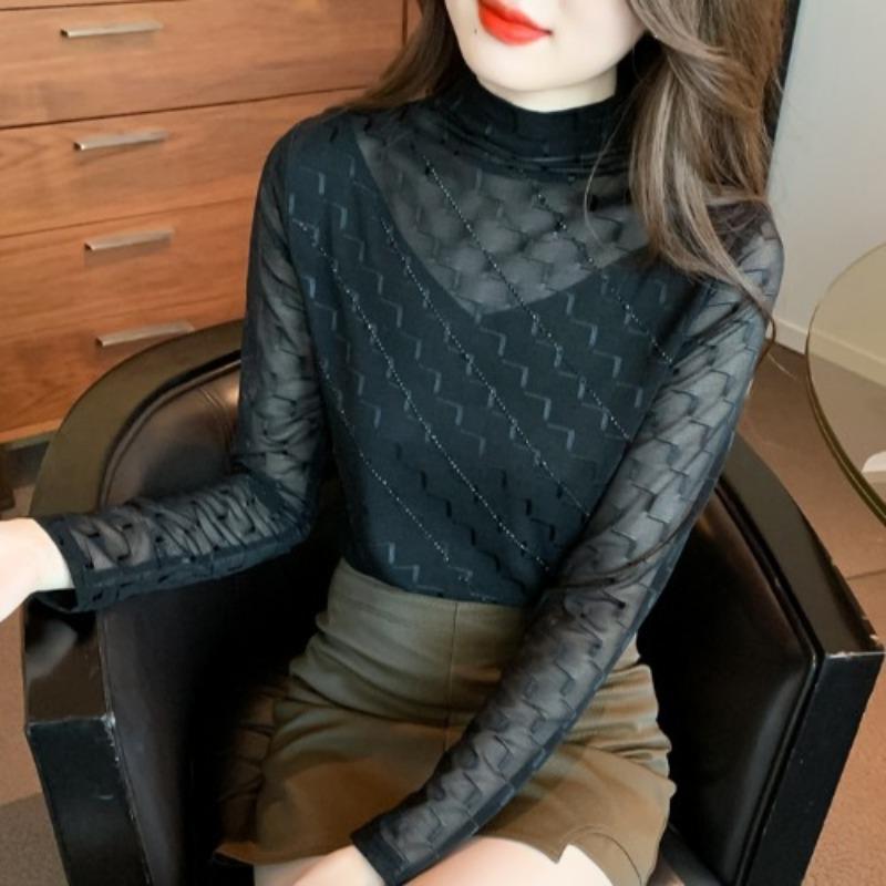 T-shirt for Women with Velvet Thickened Winter New Long-sleeved Pullover Top Half Turtle Neck Iron Diamond Base Shirt for Women