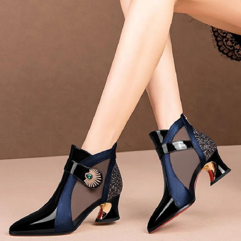Botas Femininas Women Fashion Sweet Golden Crystal Mesh Breathable Square Heel Boots Lady Casual Autumn Shoes Ab729