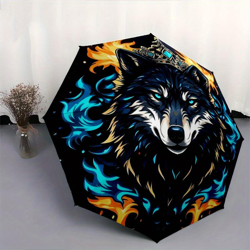1pc Flame-Crowned Wolf Automatic Opening and Closing Folding - A Good Choice for Gifts, Fashionable and Convenient Umbrella With Cute Cartoon Cha