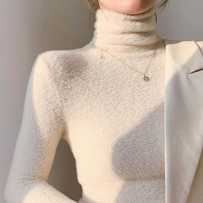 Sweater for Women Autumn Winter Thickened Warm Knitted Stretchy Long Sleeve High-neck Tops