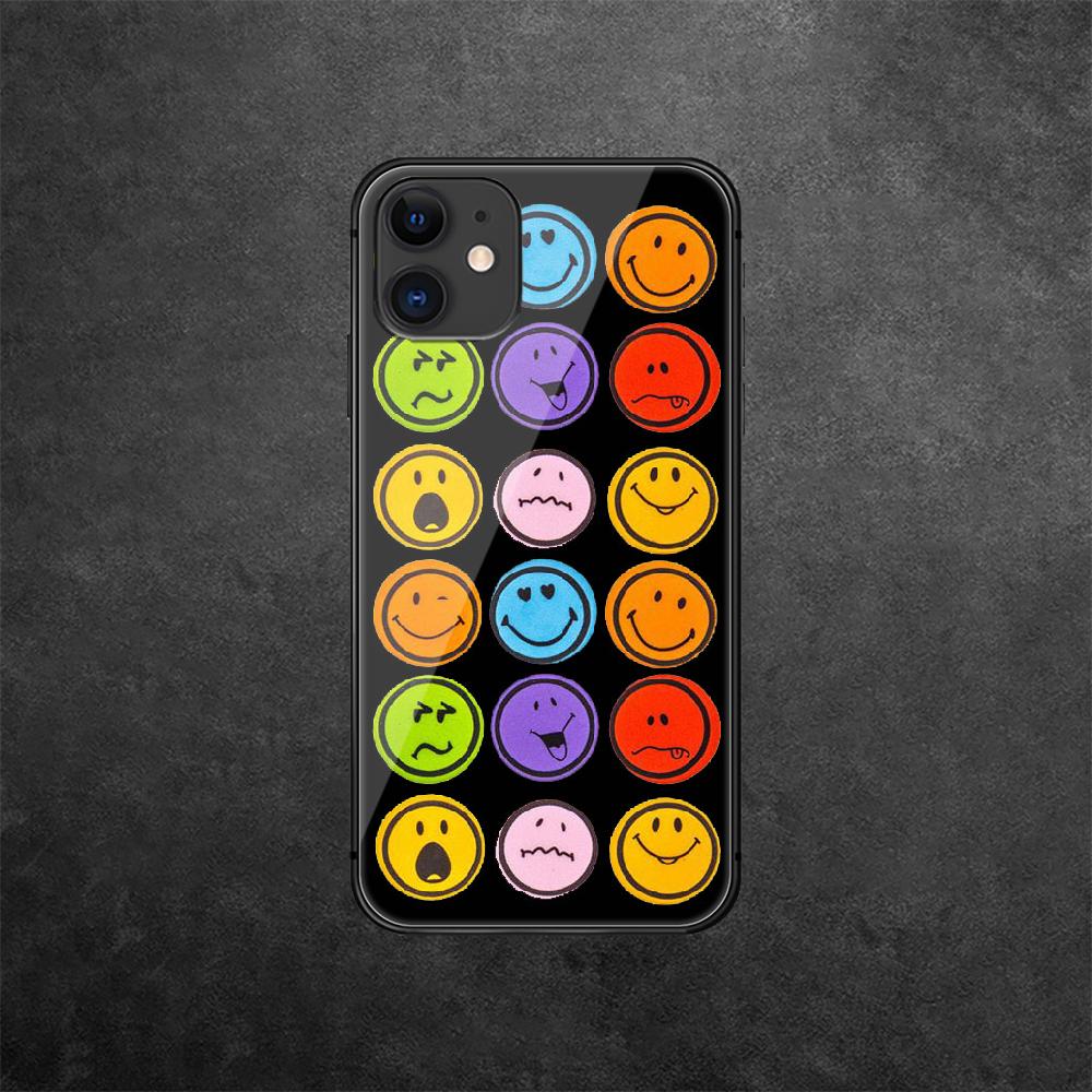 Smiley ansiktsmønster herdet glass telefondeksel for iPhone Samsung Galaxy OnePlus Oppo Xiaomi Redmi Note SA 7 8 9 10 11 12 13 14 20 21 22 53 Pro Ultra