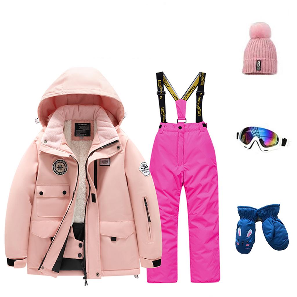 Dětská módní lyžařská souprava pro chlapce a dívky, zateplená, voděodolná, termo lyžařská souprava, pětidílný komplet s bundou a kalhotami