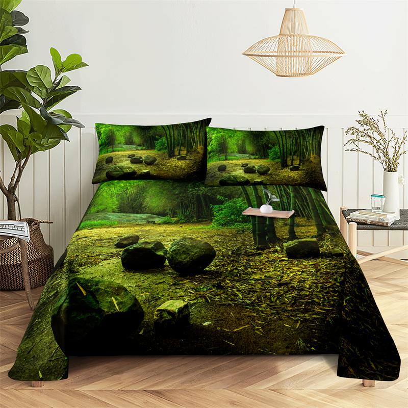 Bedding Sets Green Forest Print Bed Sheet Fashion Design Double Flat Sheet Boys Girls Bed Sheet Set Bed Sheets and Pillowcases