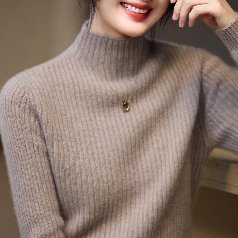 Srcr Women's Thickened Half-High Collar 100% Cashmere Ribbed Sweater