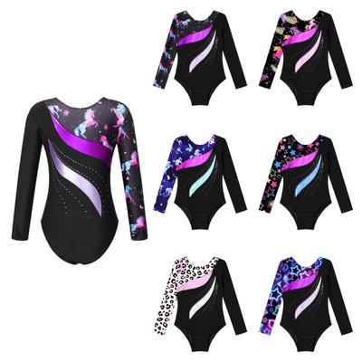 Kinder Mädchen Gymnastikanzug mit glänzendem Strassdekor und Rundhalsausschnitt, langärmelig, Fitness-Tanz-Bodysuit-Outfit