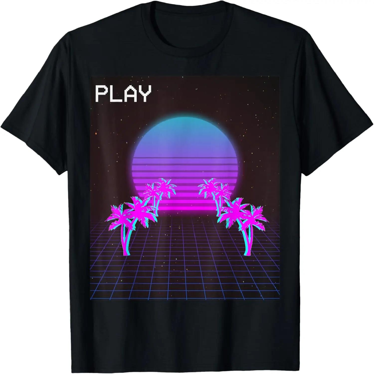 Retro 80s Grid Aesthetic Vaporwave Palm Trees T-Shirt S