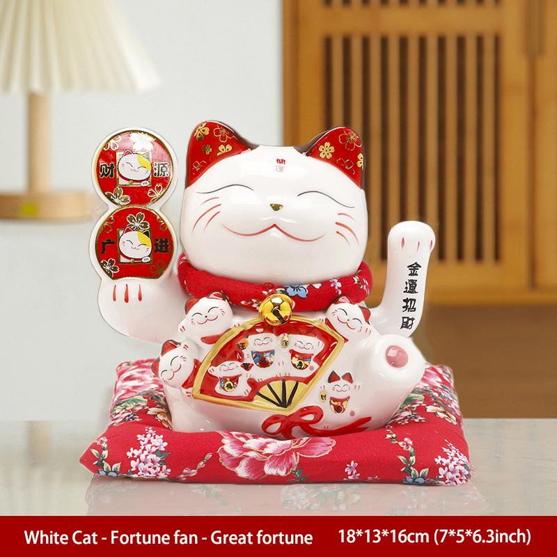 7 Inch Fortune Cat with Waving Arm Ceramic Maneki Neko Feng Shui Ornament Lucky Cat for Shops, Restaurant, Home Table Decoration