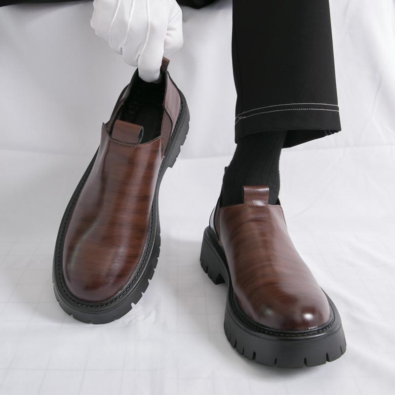 Fashion Loafers Men Casual Retro Le Fu Shoes Black Brown One-foot Thick-soled Anti-slip Height-increasing Brand Leather Shoes Size 38-46