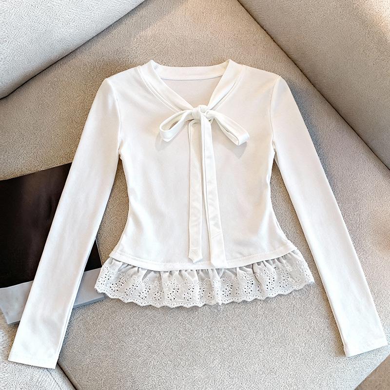 Women s White Lace Trim Bow Long Sleeve Slim Fit 2-in-1 Top for Autumn/Winter M белый