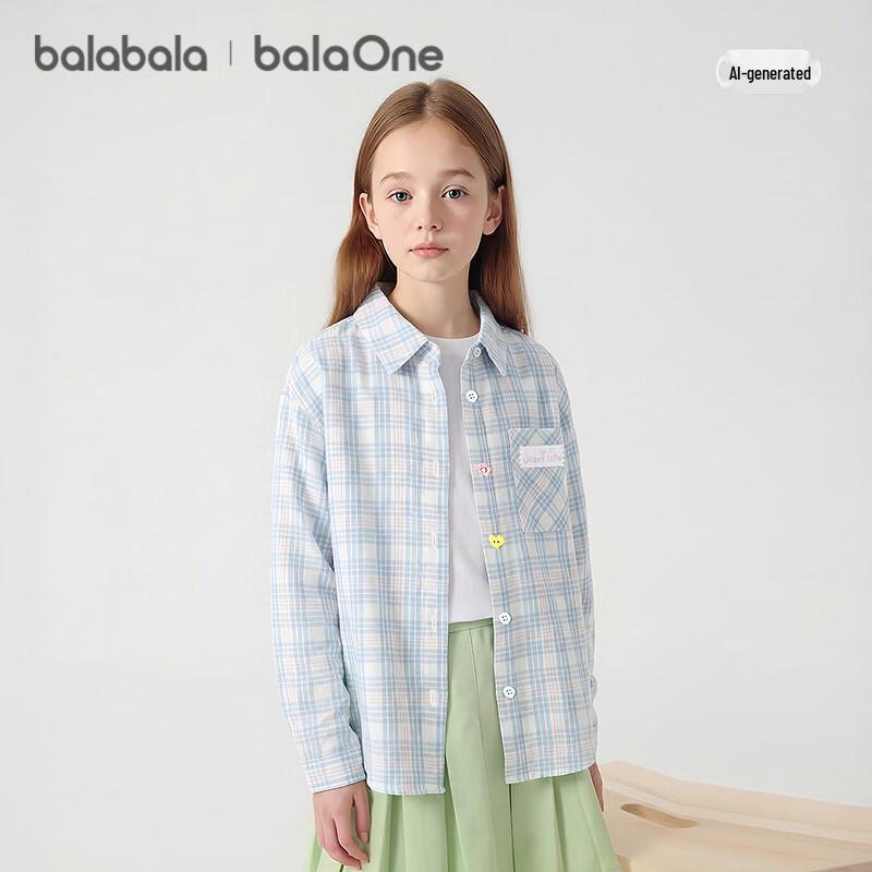 

Balabala Girls 2026 Spring Plaid Long Sleeve Casual Shirt 130