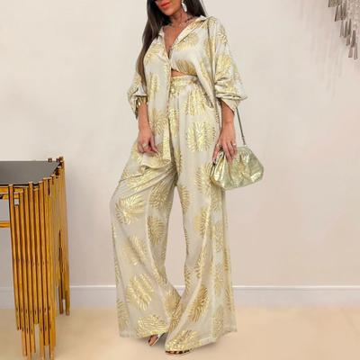 Damen 2-teilige Outfits Übergroßer Print Langarm Button-Down Hemd Elastische Taille Weitbeinige Hose Set Lässiger Loungeanzug