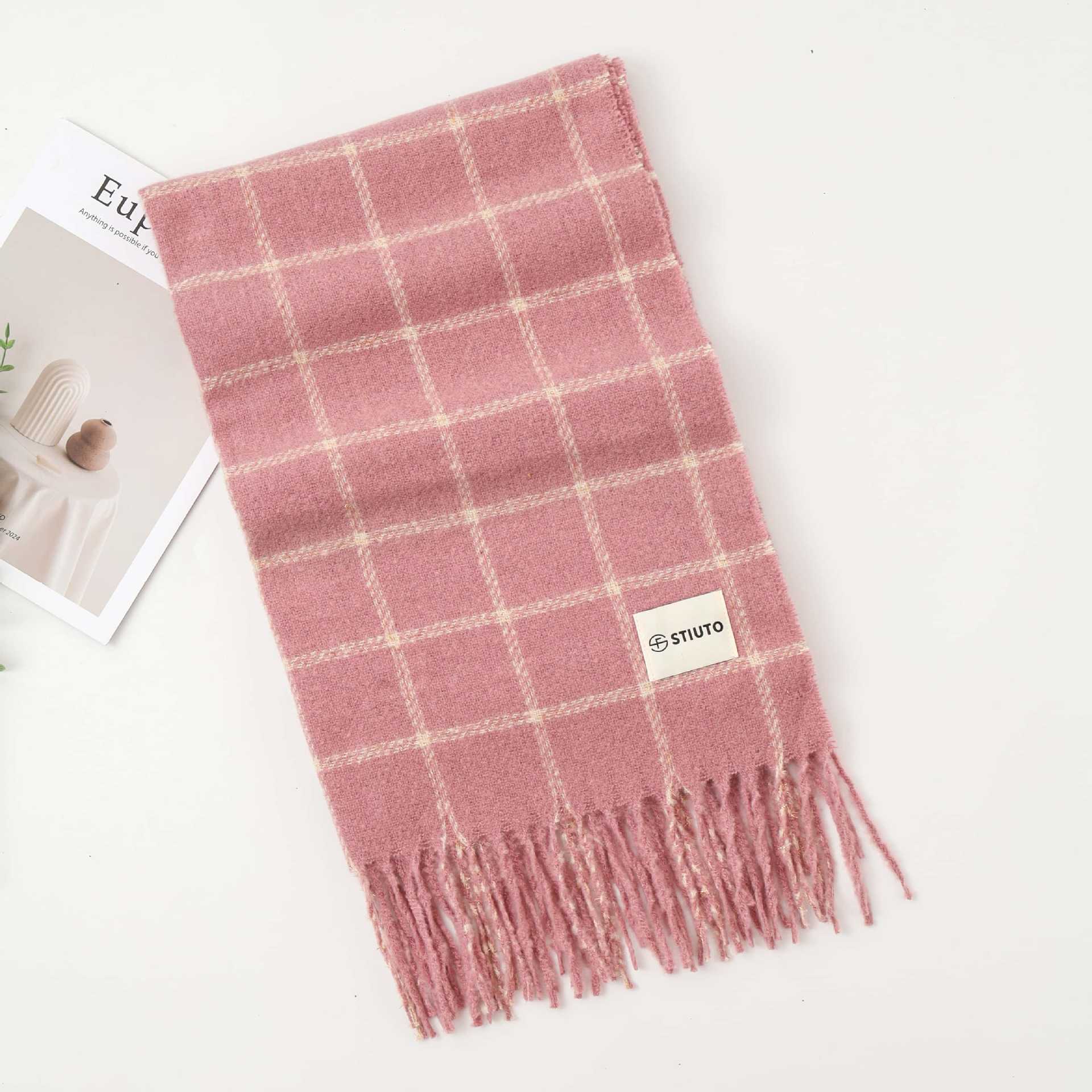 

Women s Spring and Autumn New Thickened Warm Imitation Cashmere Checkered Scarf 64*180+12*2