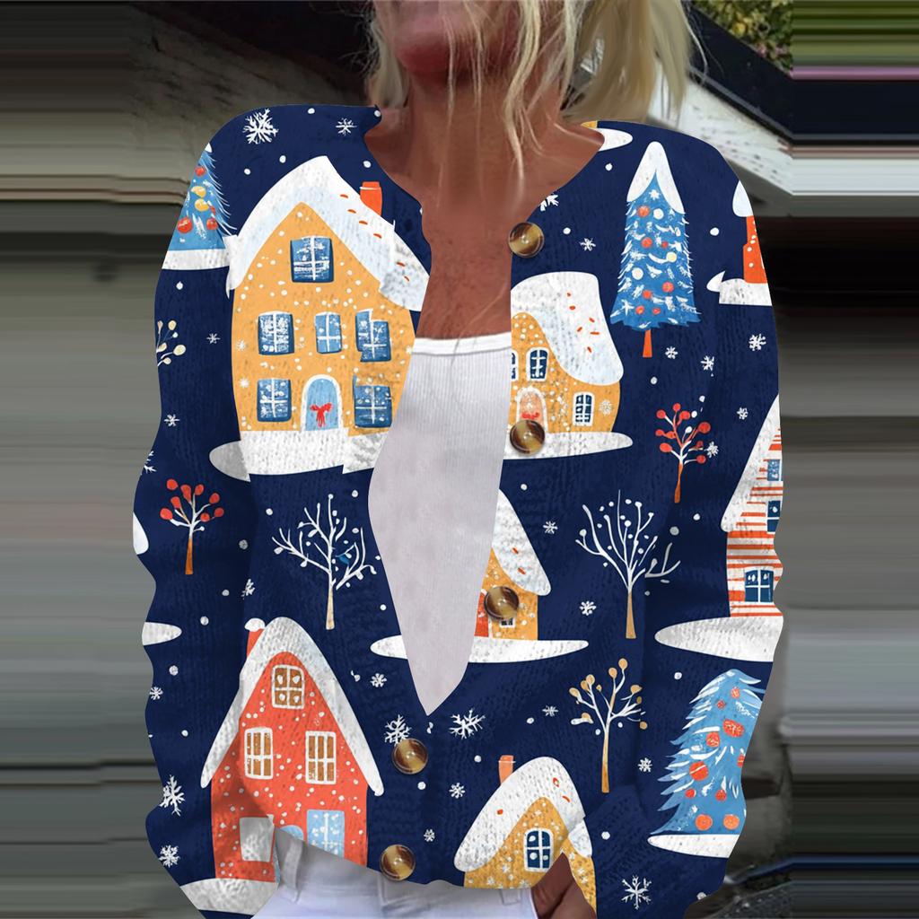 Women's Fashion Printed Long Sleeve Knitted Cardigan Button Down Jacket