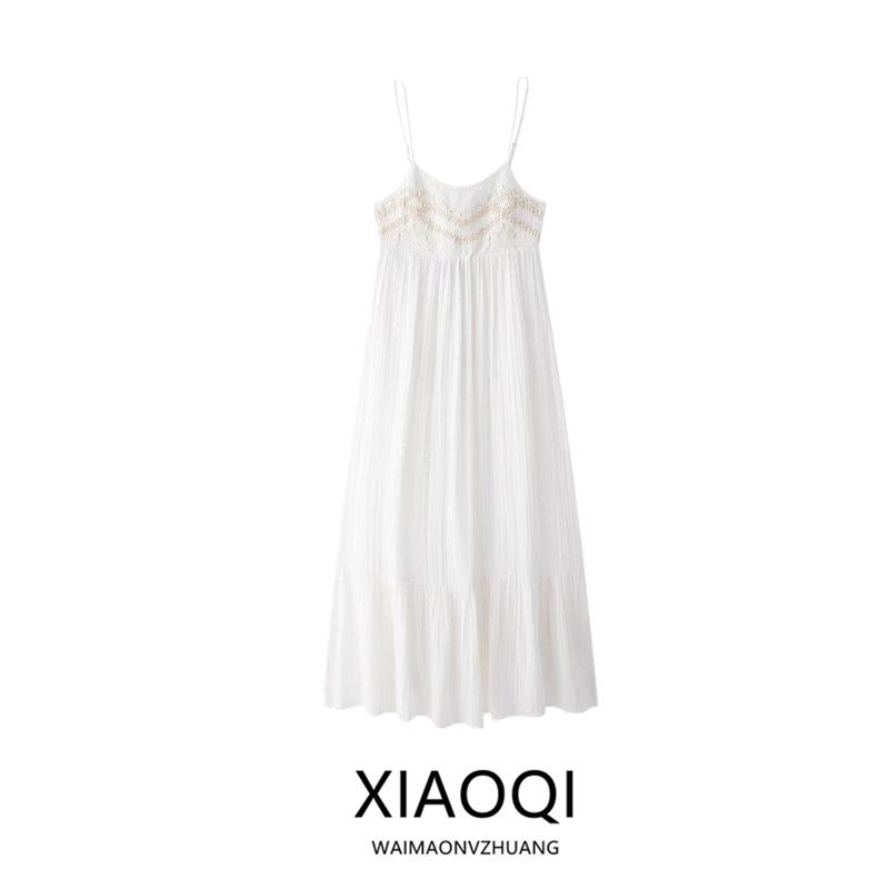 Fashion Style 2024 Autumn New Women's Sling Embroidered Plain Cotton Mid Length Long Length Dress 0881374