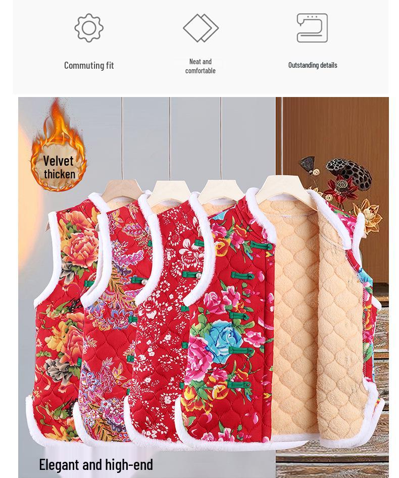 Middle-aged Women's Chinese Style Red Floral Quilted Vest with Frog Buttons – Autumn/Winter Plus Velvet Thickened Vest