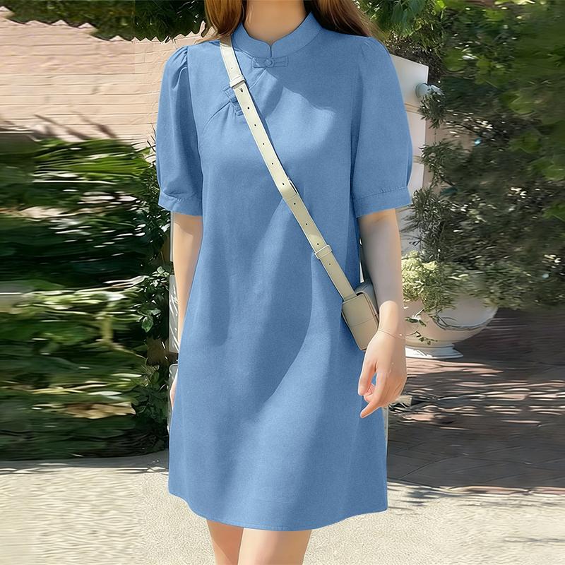 ZANZEA Women Summer Stand Collar Casual Short Sleeve Dress S синий