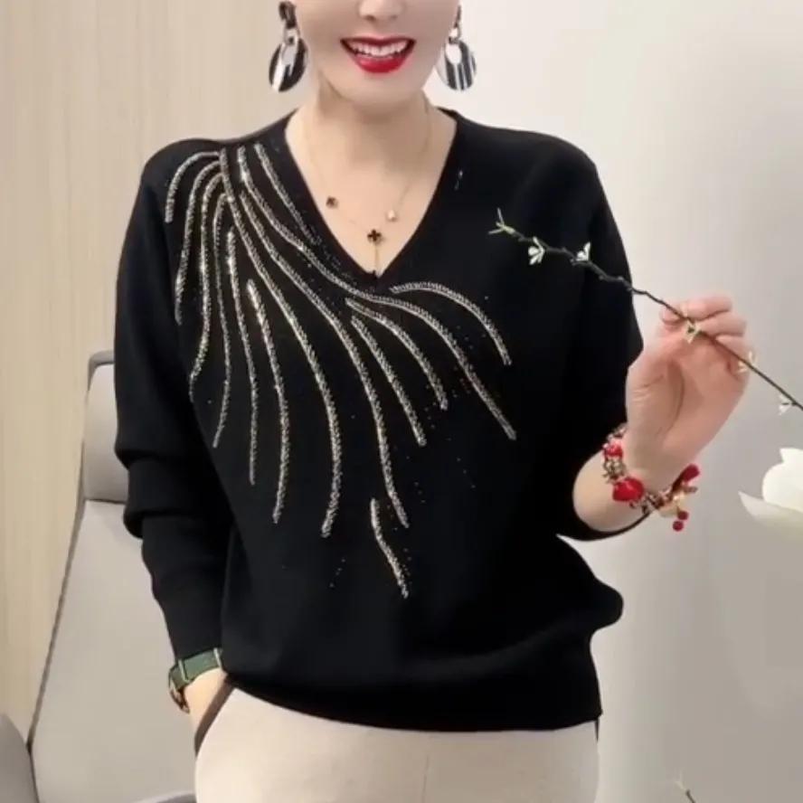 Women V-neck Sweaters Pullovers Solid Diamonds Temperament Casual Long Sleeve Bottoming Shirt Knit Tops