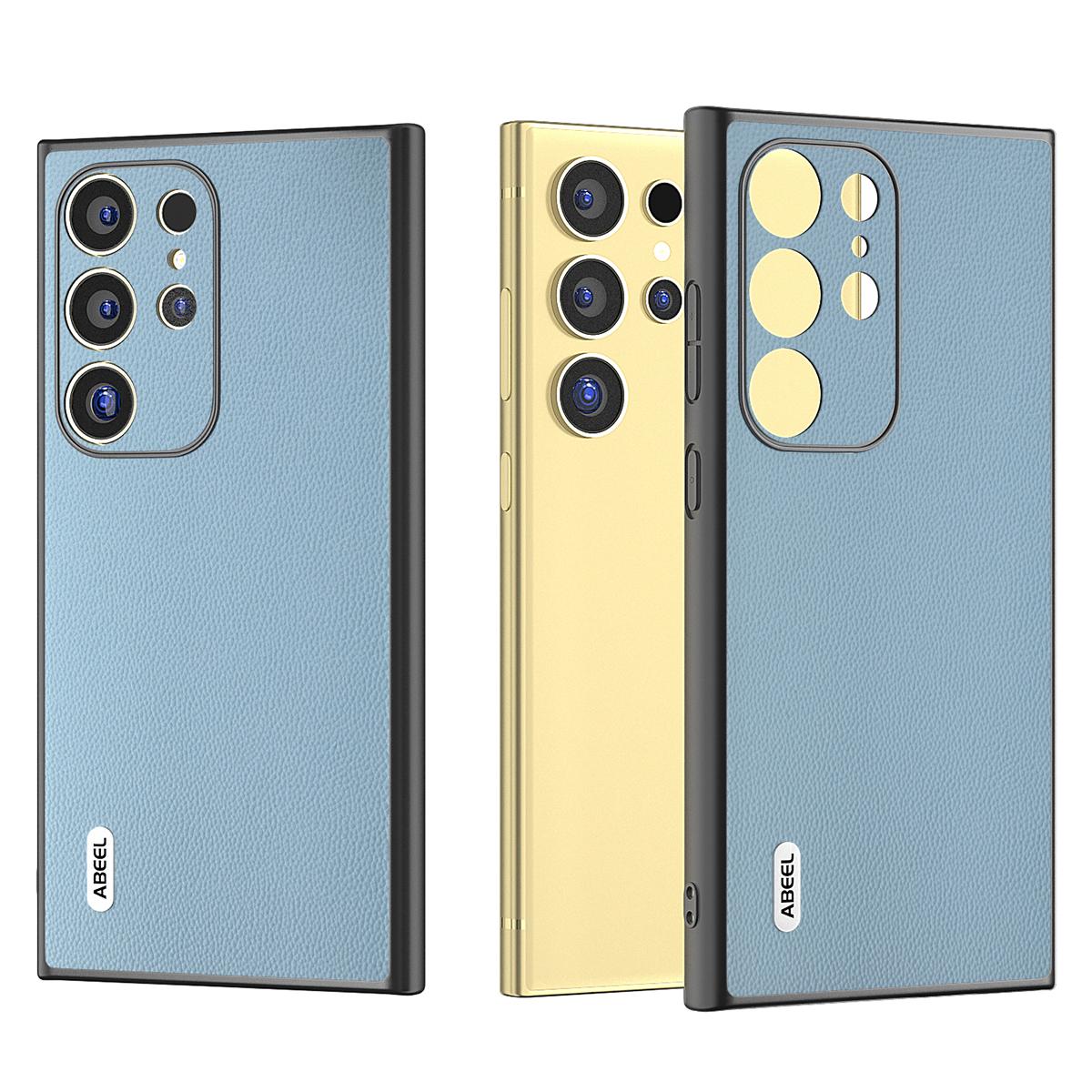 

ABEEL For Samsung Galaxy S24 Ultra Phone Cover Bump Proof Genuine Cow Leather Classy Case Sky Blue