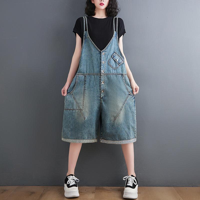 Léto Krátké Volné Velká velikost Široké nohavice Džínové overaly pro ženy Ležérní Oversized Oversized Oversize Kalhoty s náprsenkou Ramínka Džíny Dungarees