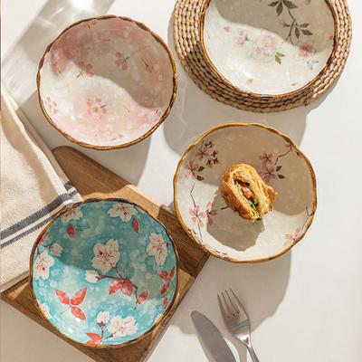 7.5 Inch Japanese Ceramic Flower Salad Bowl, Spaghetti Grain Fruit Bowl, Creative Dining Plate Ramen Bowl  Salad Bowl  Soup Bowl